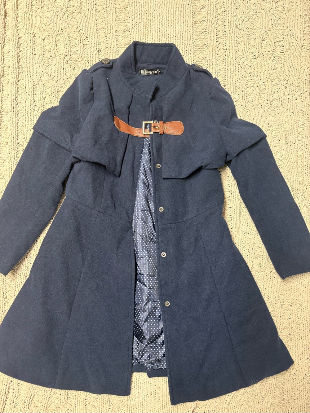 Allegra K Navy Trench Coat with Brown Buckle Accent